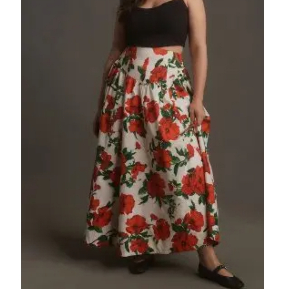 Maeve White Maxi Skirt with Red Floral Print